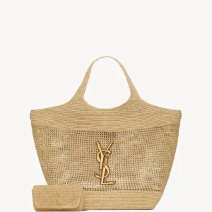 Saint Laurent Icare In Raffia Naturel And Brown Gold